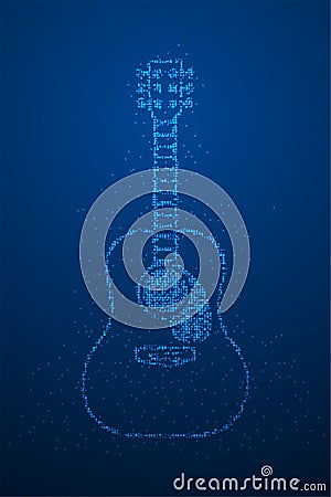 Abstract Geometric Bokeh circle dot pixel pattern Acoustic Guitar shape, music instrument concept design blue color illustration Vector Illustration