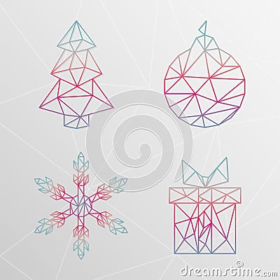 Abstract geometric christmas tree, snowflake, gift box, christmas ball on a light background Vector Illustration