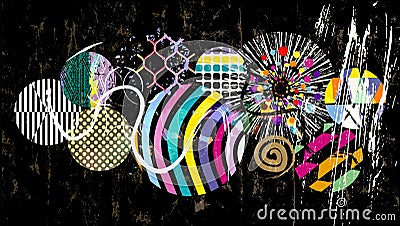 Abstract geometric circle vector art, with strokes and splashes, on black, copy space Vector Illustration
