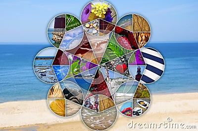 Abstract geometric collage art with summer elements, sea shore as a background Stock Photo