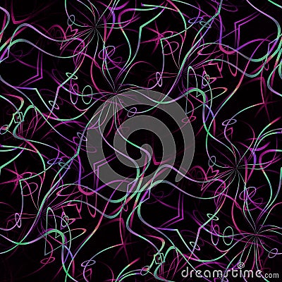 Intricate wavy lines and ellipses pattern black violet purple mint green blurred Stock Photo