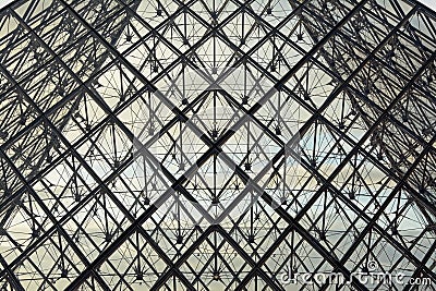 Abstract detail of the glass and steel pyramid of the Louvre museum Paris, France Editorial Stock Photo