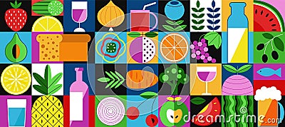 Abstract geometric food in square tiles. Bauhaus inspiration flat fruits, drinks, vegetables. Restaurant or farm market Vector Illustration