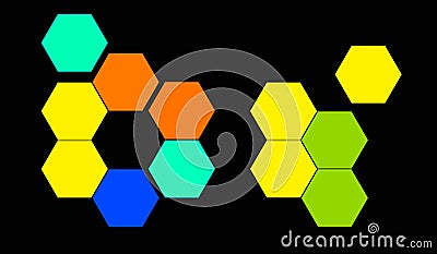 Abstract geometric hexagons colourful shapes isolated black background for graphic design, science and medicine concept, Cartoon Illustration