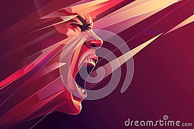 Abstract geometric illustration of a man screaming, with sharp, angular lines and dynamic lighting in a dark, intense Cartoon Illustration