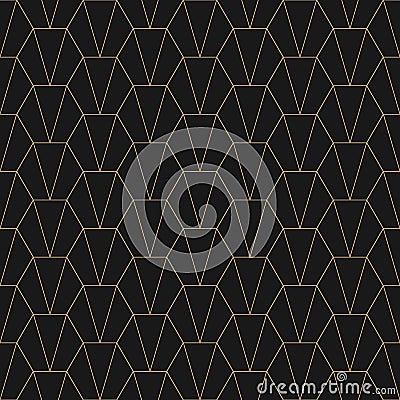 Abstract geometric lines seamless pattern with gold grid, hexagons, triangles Vector Illustration