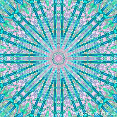 Regular round concentric star ornament turquoise mint pink purple centered Stock Photo