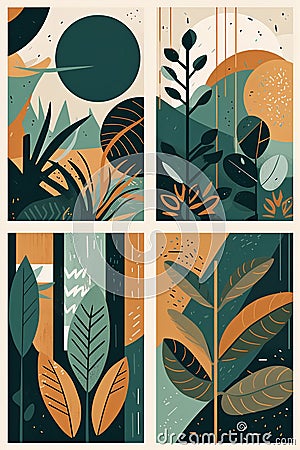 Abstract geometric, natural shapes. tropical palm leaves, geographic elements for minimalist print, poster, boho Cartoon Illustration
