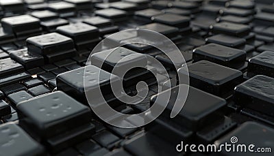 Abstract geometric pattern of black rectangular blocks arranged in stacks. Stylish mosaic tiles create glossy dark surface. Stock Photo