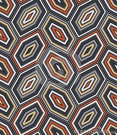 Abstract geometric pattern with concentric hexagons composed of thin multicolored lines in a modern ethnic style. Vector Illustration