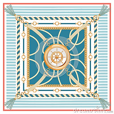 Abstract geometric pattern with golden chains, rope, belts, tassels, ship wheel and marine stripes. Vector Illustration