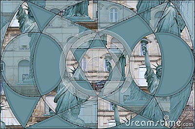 Abstract geometric photo collage, small copy of the statue of liberty Stock Photo