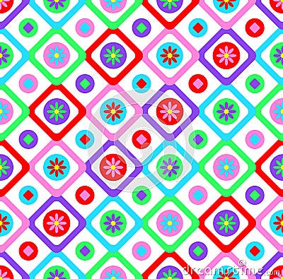 Abstract geometric seamless floral pattern vector background patchwork style design with colorful squares and spring summer flow Vector Illustration