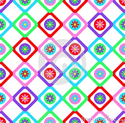 Abstract geometric seamless floral pattern vector background patchwork style design with colorful squares and spring summer flowe Vector Illustration