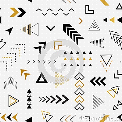 Abstract geometric seamless pattern. Design gold arrow for youthful prints. Graphic school shapes. Repeated geometry background. R Vector Illustration