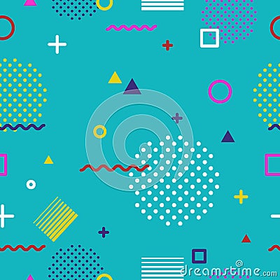 Abstract geometric seamless pattern in Memphis style on blue background. Fashion 80s-90s trends designs, Retro funky Vector Illustration