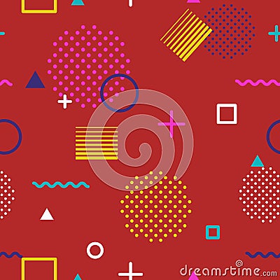 Abstract geometric seamless pattern in Memphis style on red background. Fashion 80s-90s trends designs, Retro funky Vector Illustration