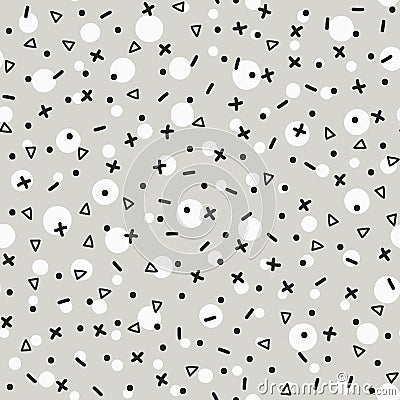 Abstract geometric seamless pattern. Repeat circles, triangles, dots, lines, crosses. Vector Illustration
