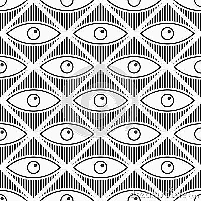 Abstract geometric seamless pattern with striped rhombuses and eyes Vector Illustration