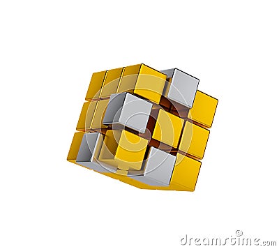 Abstract geometric shape from golden and silver cubes. 3d render Stock Photo