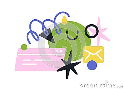 Abstract geometric shapes, creative elements, happy circle face and messages, letters layout. Communication marketing Cartoon Illustration