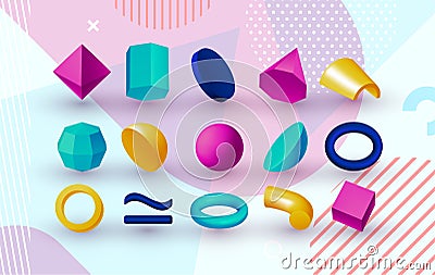Abstract geometric shapes. 3d elements. Graphic geometry minimal figures. Polygonal forms, color volumetric cube Vector Illustration