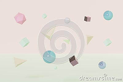 Abstract geometric shapes floating in the air, 3d rendering. Pastel coloured simple objects, abstract background Stock Photo