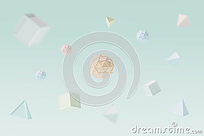 Abstract geometric shapes floating in the air, 3d rendering. Pastel coloured simple objects, abstract background Stock Photo