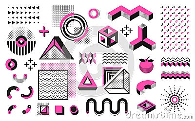 Abstract geometric shapes. Memphis modern minimal elements, hipster black halftone pattern. Vector trendy geometric art Vector Illustration