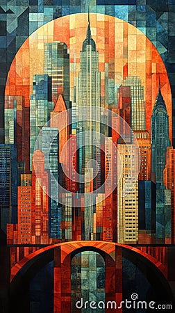 Abstract Geometric Skyline of New York City in Vibrant Mosaic Art Style Stock Photo