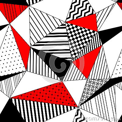 Abstract geometric striped triangles seamless pattern in black white and red, vector Vector Illustration