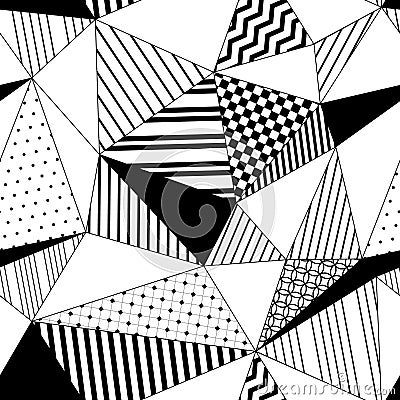 Abstract geometric striped triangles seamless pattern in black and white, vector Vector Illustration