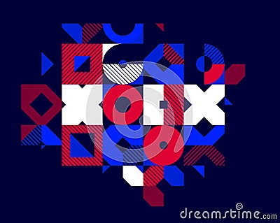 Abstract geometric stripy vector background over dark, linear shapes of circles and triangles pattern composition, red and blue Vector Illustration