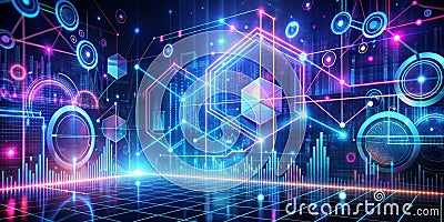 Abstract Geometrical Background ..Futuristic technology style. Neon Sign . HUD Element . Elegant . Big data visualization Stock Photo