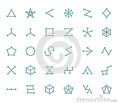 Abstract geometrical flat icons set. Circles connected with lines shapes, variety concept, topology network vector Vector Illustration