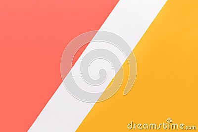 Abstract geometrical living coral, yellow and white paper flat lay background. Minimal, geometry and symmetry paper texture. Stock Photo