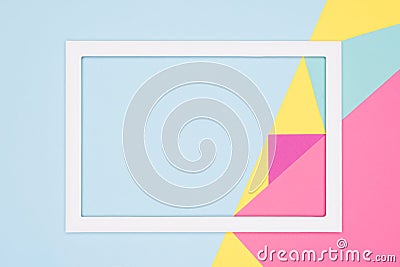 Abstract geometry flat lay pastel blue, pink and yellow paper texture minimalism background. Stock Photo