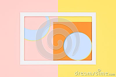 Abstract geometry flat lay pastel blue, pink and yellow paper texture minimalism background. Minimal geometric shapes and lines. Stock Photo