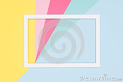 Abstract geometry flat lay pastel blue, pink and yellow paper texture minimalism background. Minimal geometric shapes and lines. Stock Photo