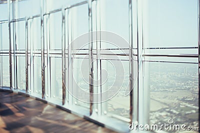 Abstract glass and chrome office interior background in sun rays Stock Photo