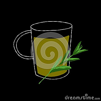 Abstract glass cup illustration with herbal stevia tea on a black background Cartoon Illustration