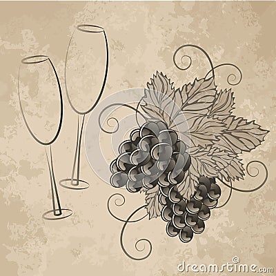 Abstract glasses of wine and grapes Vector Illustration