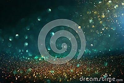 Abstract glitter lights background. black, blue, gold and green. de-focused Stock Photo