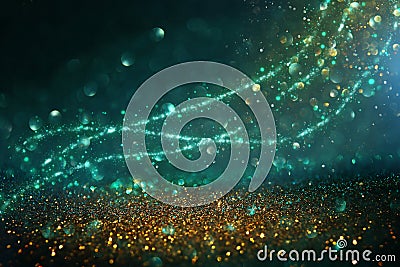 Abstract glitter lights background. black, blue, gold and green. de-focused Stock Photo