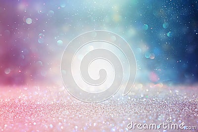 Abstract glitter silver, purple, blue and gold lights background. de-focused Stock Photo