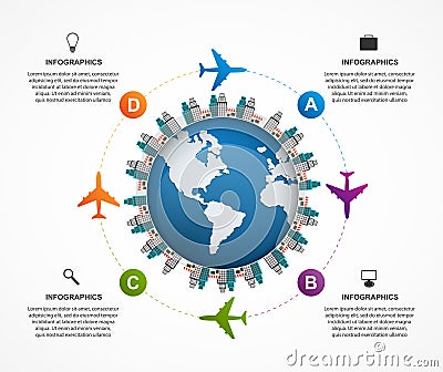 Abstract global airplane infographics design template. Can be used for websites, print, presentation, travel and tourism concept. Vector Illustration