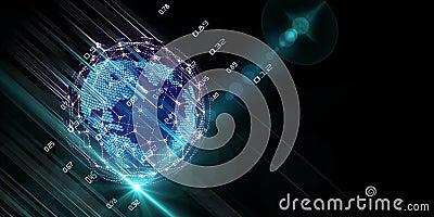Abstract global data network background. Big data. Polygonal sphere earth with linse effects and blurred lines. Render for Stock Photo