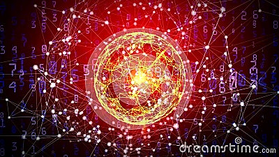 Abstract global network sphere with moving numbers, lines and dots Stock Photo