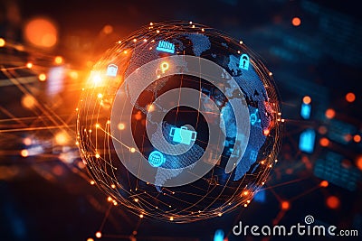 An abstract globe composed of floating business icons and symbols, connected by digital network lines, Generated AI Stock Photo