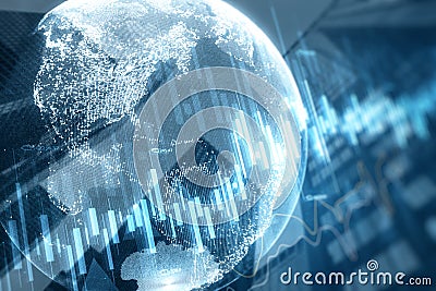 Abstract globe with forex chart on blurry city background. Finance statistics and data Analytics. Stock exchange market, Stock Photo